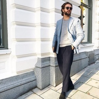 Men's Light Blue Double Breasted Blazer, Grey Crew-neck Sweater, Navy Vertical Striped Chinos, Black Suede Loafers