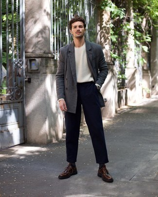 Men's Charcoal Double Breasted Blazer, White Crew-neck Sweater, Navy Chinos, Dark Brown Leather Derby Shoes