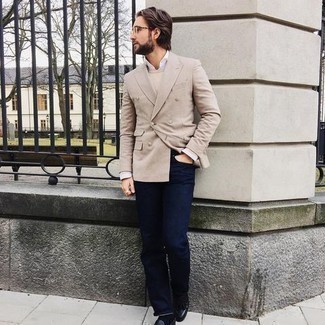 Beige Double Breasted Blazer Outfits For Men: You'll be amazed at how very easy it is for any man to throw together this casually smart getup. Just a beige double breasted blazer combined with navy jeans. For a more refined vibe, why not complement your getup with a pair of black leather tassel loafers?