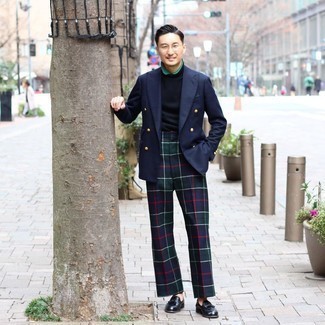 Navy Crew-neck Sweater Dressy Outfits For Men: Consider pairing a navy crew-neck sweater with navy and green plaid dress pants to assemble an interesting and put together outfit. Introduce black leather tassel loafers to the mix to mix things up a bit.
