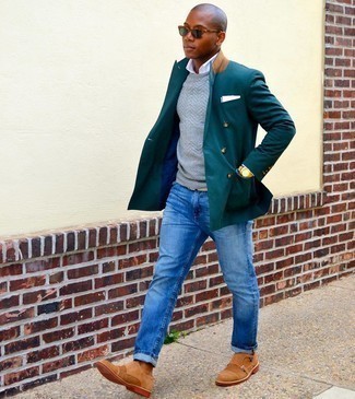Beige Canvas Belt Outfits For Men: This relaxed casual combo of a dark green double breasted blazer and a beige canvas belt is very easy to put together in no time, helping you look amazing and ready for anything without spending too much time going through your wardrobe. Complement your look with tan suede double monks to serve a little outfit-mixing magic.
