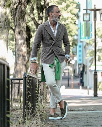 Mint Chinos Outfits: Go for a casually smart ensemble in a charcoal wool double breasted blazer and mint chinos. You can get a little creative with shoes and complete this look with olive suede tassel loafers.