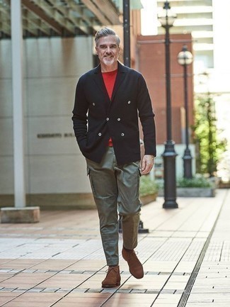 Olive Cargo Pants Outfits: For an ensemble that's worthy of a modern stylish gent and effortlessly sleek, try teaming a black double breasted blazer with olive cargo pants. To give your ensemble a more laid-back feel, why not complement this outfit with a pair of brown suede desert boots?