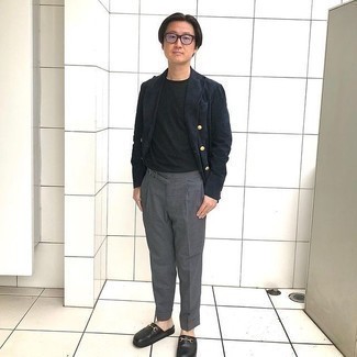 Charcoal Chinos Outfits: For a casually classic look, pair a black double breasted blazer with charcoal chinos — these two pieces fit beautifully together. Put a more elegant spin on your ensemble by wearing black leather loafers.