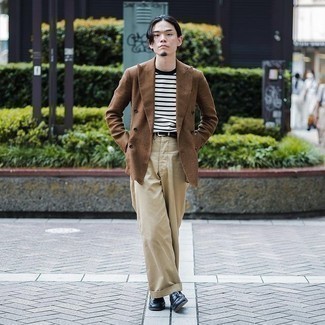 Men's Brown Double Breasted Blazer, White and Black Horizontal Striped Crew-neck T-shirt, Beige Chinos, Navy Leather Loafers