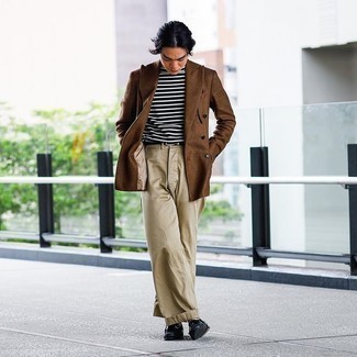 Men's Brown Double Breasted Blazer, Black and White Horizontal Striped Crew-neck T-shirt, Khaki Chinos, Black Leather Loafers