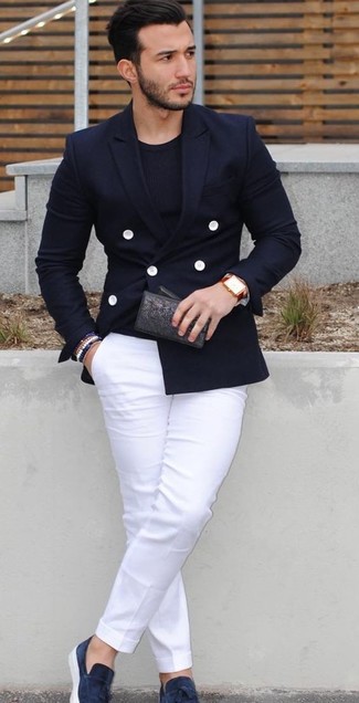 Men's Navy Double Breasted Blazer, Black Crew-neck T-shirt, White Chinos, Navy Suede Tassel Loafers