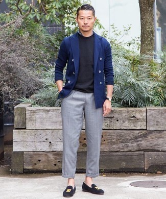 Navy Velvet Loafers Outfits For Men: Master the effortlessly classy look by opting for a navy double breasted blazer and grey chinos. Serve a little mix-and-match magic by slipping into a pair of navy velvet loafers.