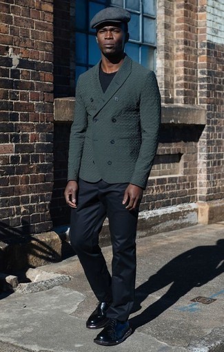 Dark Green Double Breasted Blazer Outfits For Men: Boost your menswear game in a dark green double breasted blazer and black chinos. For something more on the smart end to round off this look, introduce black leather derby shoes to the mix.