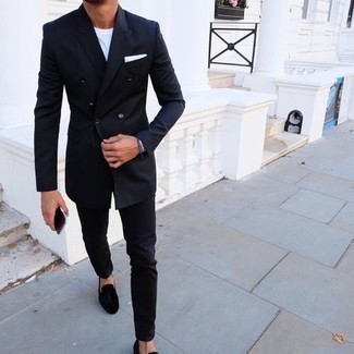 Blue Bracelet Outfits For Men: This casually dapper ensemble is really pared down: a navy double breasted blazer and a blue bracelet. To introduce an extra dimension to your getup, complement your getup with black suede tassel loafers.