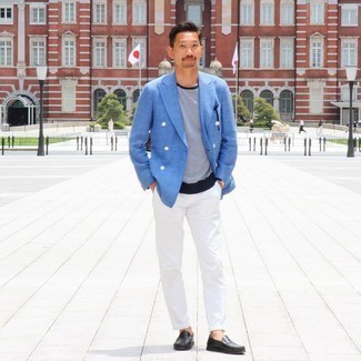 Blue Jacket Outfits For Men: Dress in a blue jacket and white chinos for a proper classy ensemble. Ramp up the formality of your ensemble a bit by rounding off with a pair of black leather loafers.