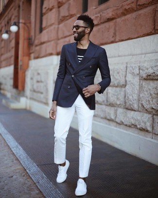 Men's Navy Double Breasted Blazer, Black and White Horizontal Striped Crew-neck T-shirt, White Chinos, White Canvas Low Top Sneakers