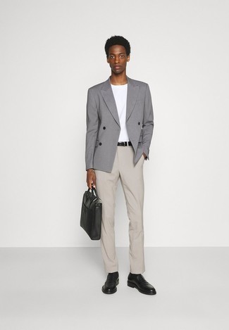 Men's Grey Double Breasted Blazer, White Crew-neck T-shirt, Beige Chinos, Black Leather Loafers