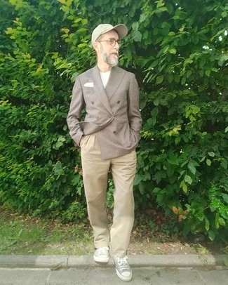 Men's Brown Double Breasted Blazer, White Crew-neck T-shirt, Khaki Chinos, Grey Canvas Low Top Sneakers