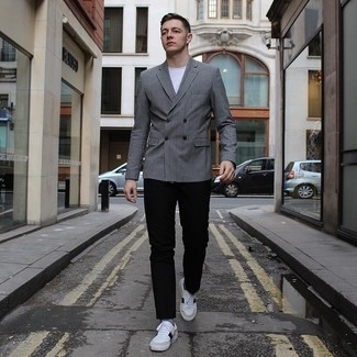 White and Black Leather Shoes with Pants Outfits For Men: Teaming a grey check double breasted blazer and pants is a guaranteed way to inject a polished touch into your styling lineup. Introduce white and black leather low top sneakers to the mix and you're all done and looking spectacular.