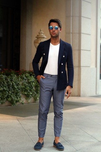 Men's Navy Double Breasted Blazer, White Crew-neck T-shirt, Grey Dress Pants, Navy Suede Tassel Loafers