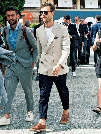 Beige Double Breasted Blazer Outfits For Men: This pairing of a beige double breasted blazer and navy dress pants is a never-failing option when you need to look like a proper gent. Complement this outfit with brown leather double monks to easily turn up the appeal of this look.