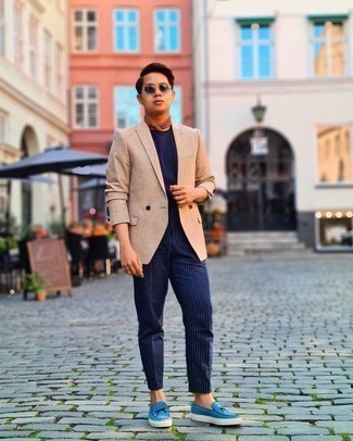 Men's Tan Wool Double Breasted Blazer, Navy Crew-neck T-shirt, Navy Vertical Striped Dress Pants, Aquamarine Suede Loafers