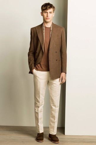 Dark Brown Suede Double Monks Outfits: A brown double breasted blazer looks so elegant when paired with beige dress pants in a modern man's look. Make this getup more functional by finishing with dark brown suede double monks.