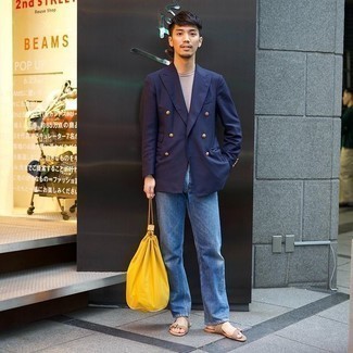 Orange Canvas Tote Bag Outfits For Men: You're looking at the definitive proof that a navy double breasted blazer and an orange canvas tote bag look amazing when combined together in an off-duty look. Complete this outfit with tan canvas sandals to immediately kick up the cool of this outfit.