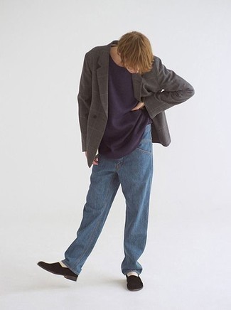 Blue Jeans Outfits For Men: As you can see here, looking dapper doesn't require that much effort. Just go for a charcoal check wool double breasted blazer and blue jeans and be sure you'll look incredibly stylish. Rock a pair of black suede loafers for an air of sophistication.