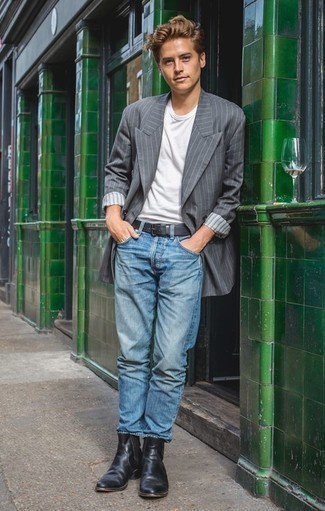 Men's Grey Vertical Striped Double Breasted Blazer, White Crew-neck T-shirt, Blue Jeans, Black Leather Chelsea Boots