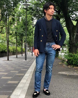 Black Embroidered Velvet Loafers Outfits For Men: Combining a navy double breasted blazer and blue jeans is a fail-safe way to inject style into your day-to-day fashion mix. On the fence about how to finish off your look? Rock a pair of black embroidered velvet loafers to bump it up a notch.