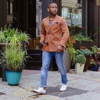 Men's Tobacco Double Breasted Blazer, Navy and White Horizontal Striped Crew-neck T-shirt, Blue Ripped Jeans, White Canvas Derby Shoes