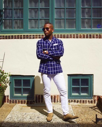 Men's Navy Check Double Breasted Blazer, Grey Crew-neck T-shirt, White Jeans, Tan Suede Double Monks