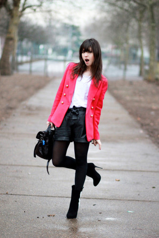 Women's Hot Pink Double Breasted Blazer, White Crew-neck T-shirt, Black Leather Shorts, Black Suede Ankle Boots