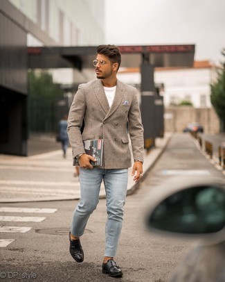 Men's Brown Wool Double Breasted Blazer, White Crew-neck T-shirt, Light Blue Skinny Jeans, Black Leather Double Monks