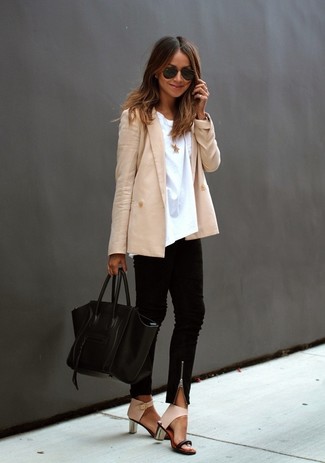Women's Beige Double Breasted Blazer, White Crew-neck T-shirt, Black Skinny Pants, Beige Leather Heeled Sandals