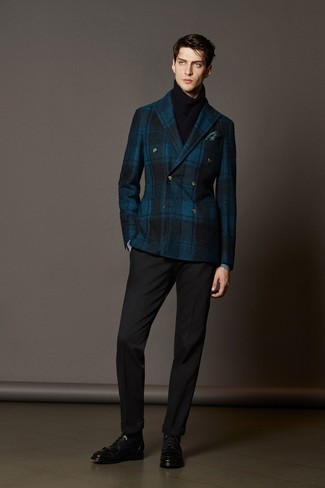 Men's Navy Plaid Wool Double Breasted Blazer, Black Dress Pants, Black Leather Dress Boots, Teal Pocket Square