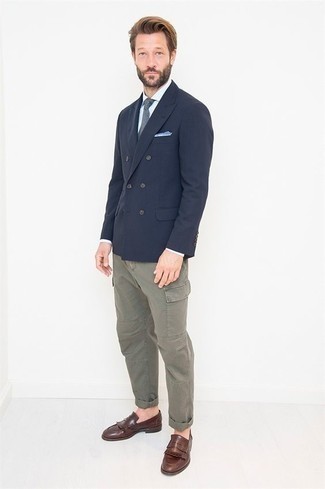 Charcoal Cargo Pants Outfits: For a look that's worthy of a modern sartorial-savvy man and casually classy, pair a navy double breasted blazer with charcoal cargo pants. Here's how to lift up this look: brown fringe leather loafers.