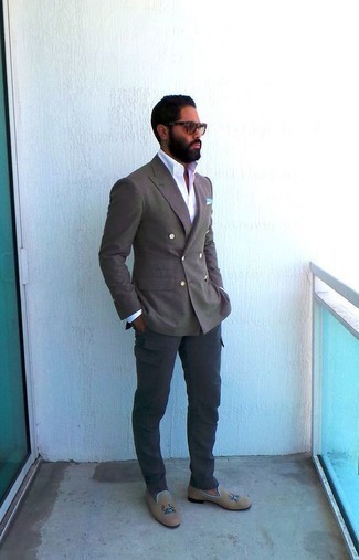 Men's Brown Double Breasted Blazer, White Dress Shirt, Charcoal Cargo Pants, Beige Canvas Loafers