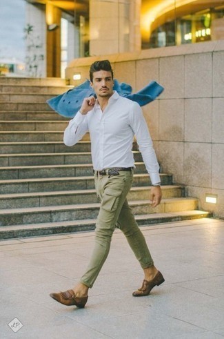 Men's Blue Double Breasted Blazer, White Dress Shirt, Olive Cargo Pants, Brown Fringe Leather Loafers