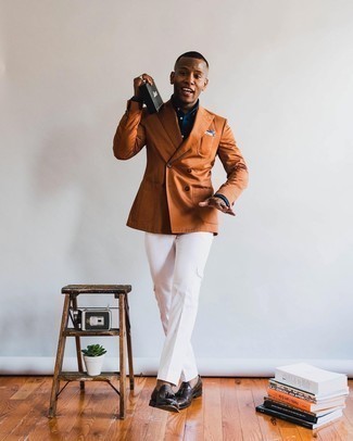 Tobacco Double Breasted Blazer Outfits For Men: This combination of a tobacco double breasted blazer and white cargo pants is really eye-catching, but it's also extremely easy to achieve. To bring a bit of flair to your look, complement your ensemble with a pair of dark brown leather tassel loafers.