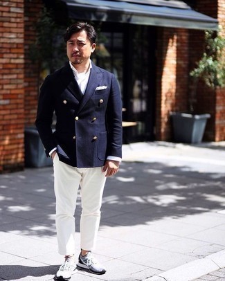 White and Navy Pocket Square Outfits: This ensemble with a navy double breasted blazer and a white and navy pocket square isn't so hard to put together and is easy to adapt. Go ahead and introduce grey athletic shoes to the mix for a laid-back touch.