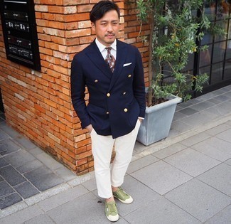 Tobacco Tie Outfits For Men: Marrying a navy double breasted blazer and a tobacco tie is a fail-safe way to breathe style into your daily lineup. Feeling transgressive today? Spice up this ensemble by sporting olive canvas low top sneakers.
