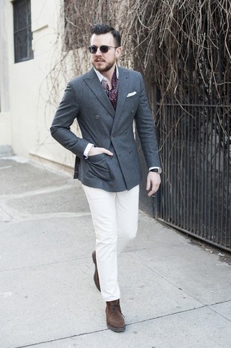 Men's Charcoal Wool Double Breasted Blazer, White Dress Shirt, White Chinos, Dark Brown Suede Desert Boots