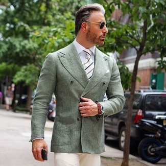 Men's Mint Double Breasted Blazer, White Dress Shirt, Beige Chinos, White and Black Vertical Striped Tie