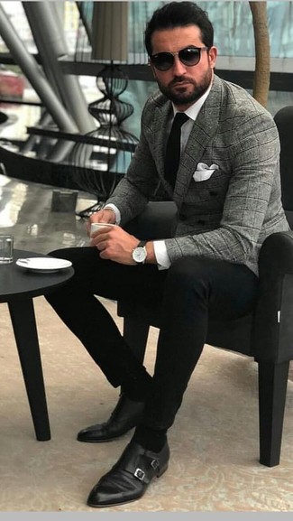 Men's Grey Plaid Double Breasted Blazer, White Dress Shirt, Black Chinos, Black Leather Double Monks
