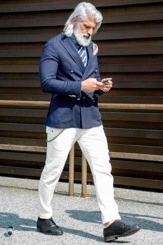 Men's Navy Double Breasted Blazer, Blue Chambray Dress Shirt, White Chinos, Black Leather Derby Shoes