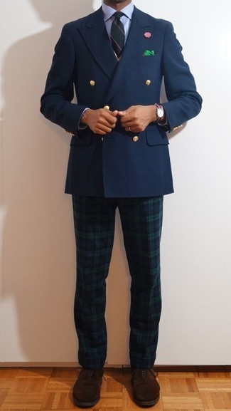 Men's Navy Double Breasted Blazer, Light Blue Dress Shirt, Navy and Green Plaid Chinos, Dark Brown Suede Oxford Shoes