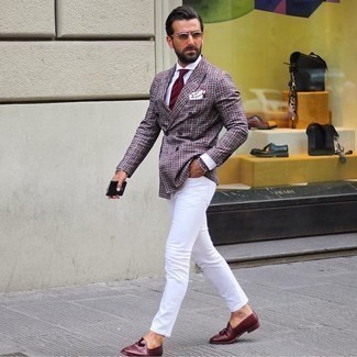 Purple Double Breasted Blazer Outfits For Men: For an effortlessly stylish look, marry a purple double breasted blazer with white chinos — these pieces go really nice together. Go ahead and complement your outfit with burgundy leather tassel loafers for a dash of refinement.