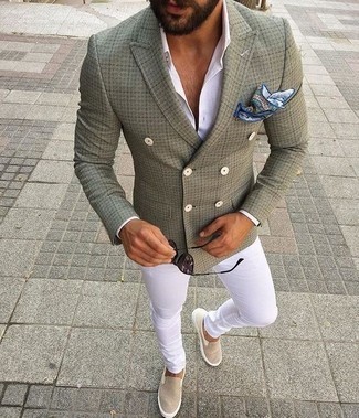 Beige Canvas Slip-on Sneakers Outfits For Men: For an outfit that's worthy of a modern style-conscious guy and casually smart, marry an olive double breasted blazer with white chinos. Our favorite of a ton of ways to complete this getup is with beige canvas slip-on sneakers.