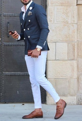Blue Vertical Striped Blazer Outfits For Men: Team a blue vertical striped blazer with white chinos and you'll achieve a sleek and sophisticated outfit. Balance out this outfit with a more sophisticated kind of shoes, such as this pair of brown leather monks.