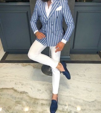 Men's Blue Vertical Striped Double Breasted Blazer, White Dress Shirt, White Chinos, Navy Suede Tassel Loafers