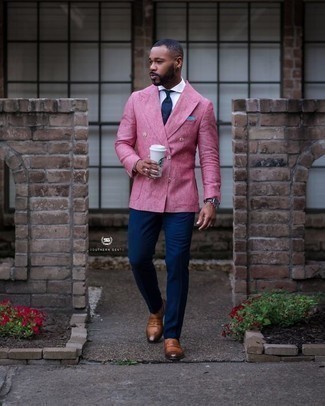 Purple Double Breasted Blazer Outfits For Men: A purple double breasted blazer and navy chinos worn together are a sartorial dream for those who appreciate sophisticated combinations. A trendy pair of tobacco leather oxford shoes is a simple way to upgrade your getup.