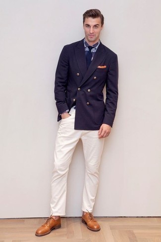 Men's Navy Double Breasted Blazer, Navy Plaid Dress Shirt, White Chinos, Tobacco Leather Derby Shoes